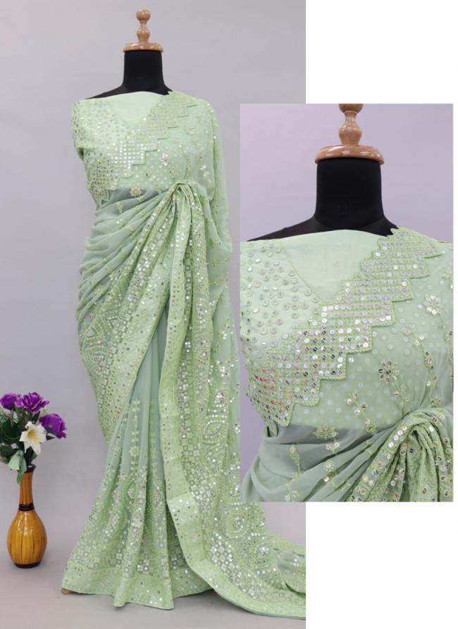 Georgette Pista Green Party Wear Sequinned Saree